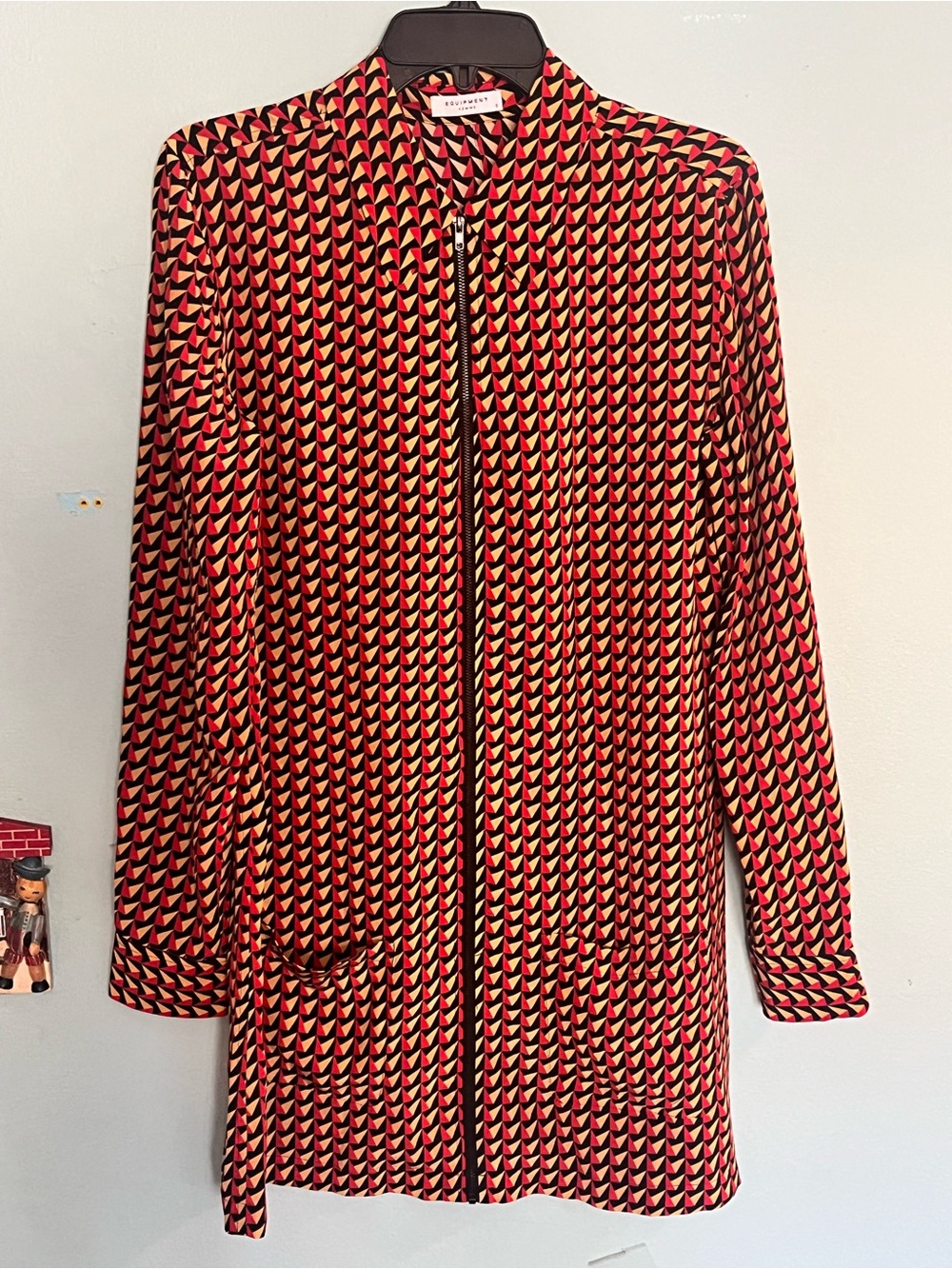 Equipment Red & Black Geometric Zip-Front Long Jacket